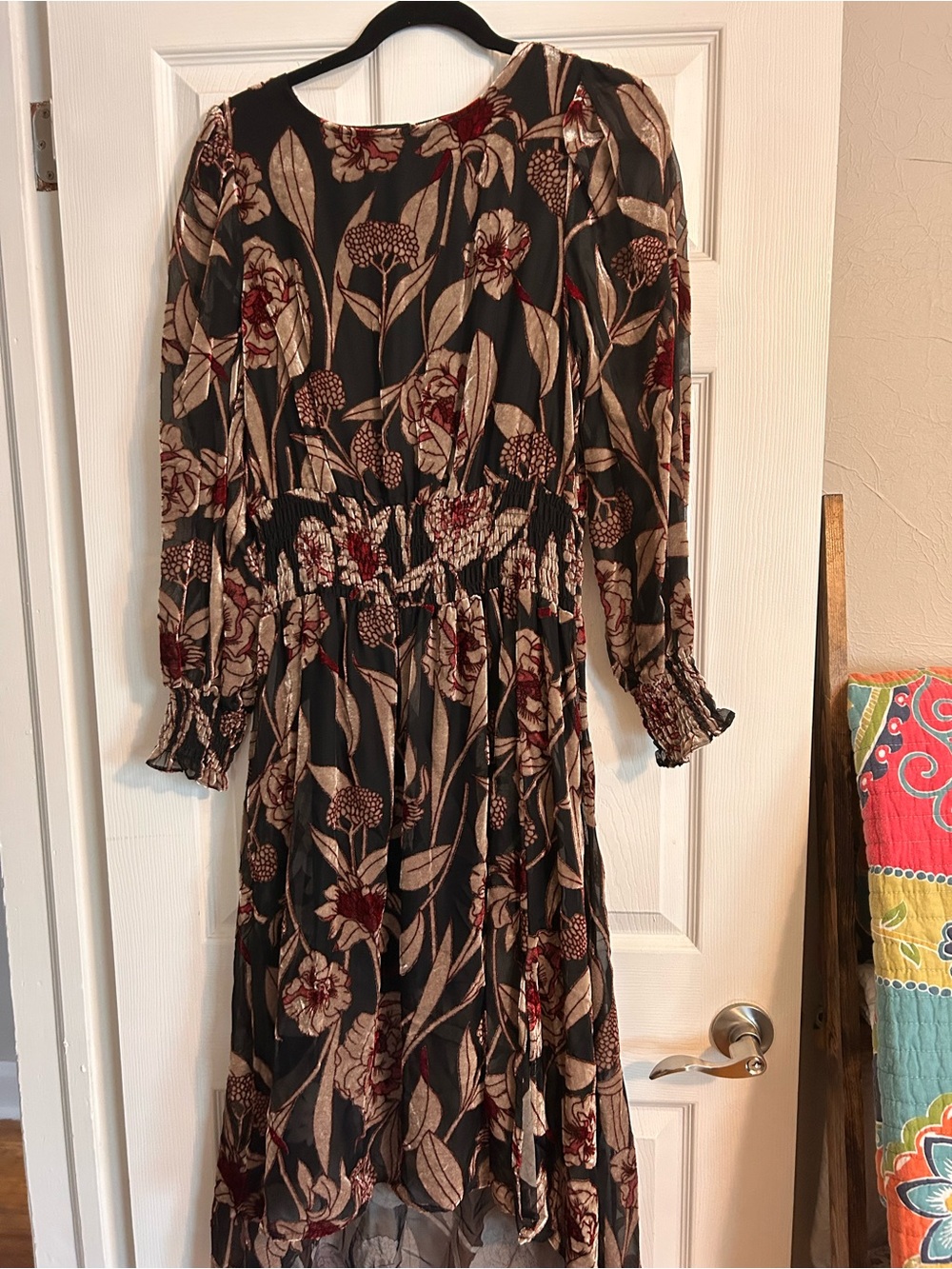 Cupio Black Floral Midi Dress with Burgundy & Cream Print